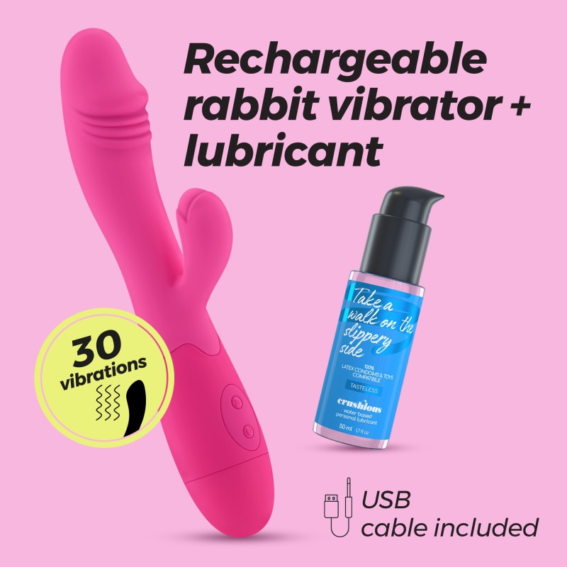 VIBRADOR RECARREGÁVEL COM ESTIMULADOR DE CLITÓRIS BLOSSOMS ROSA CHOQUE E LUBRIFICANTE À BASE DE ÁGUA INCLUÍDO CRUSHIOUS